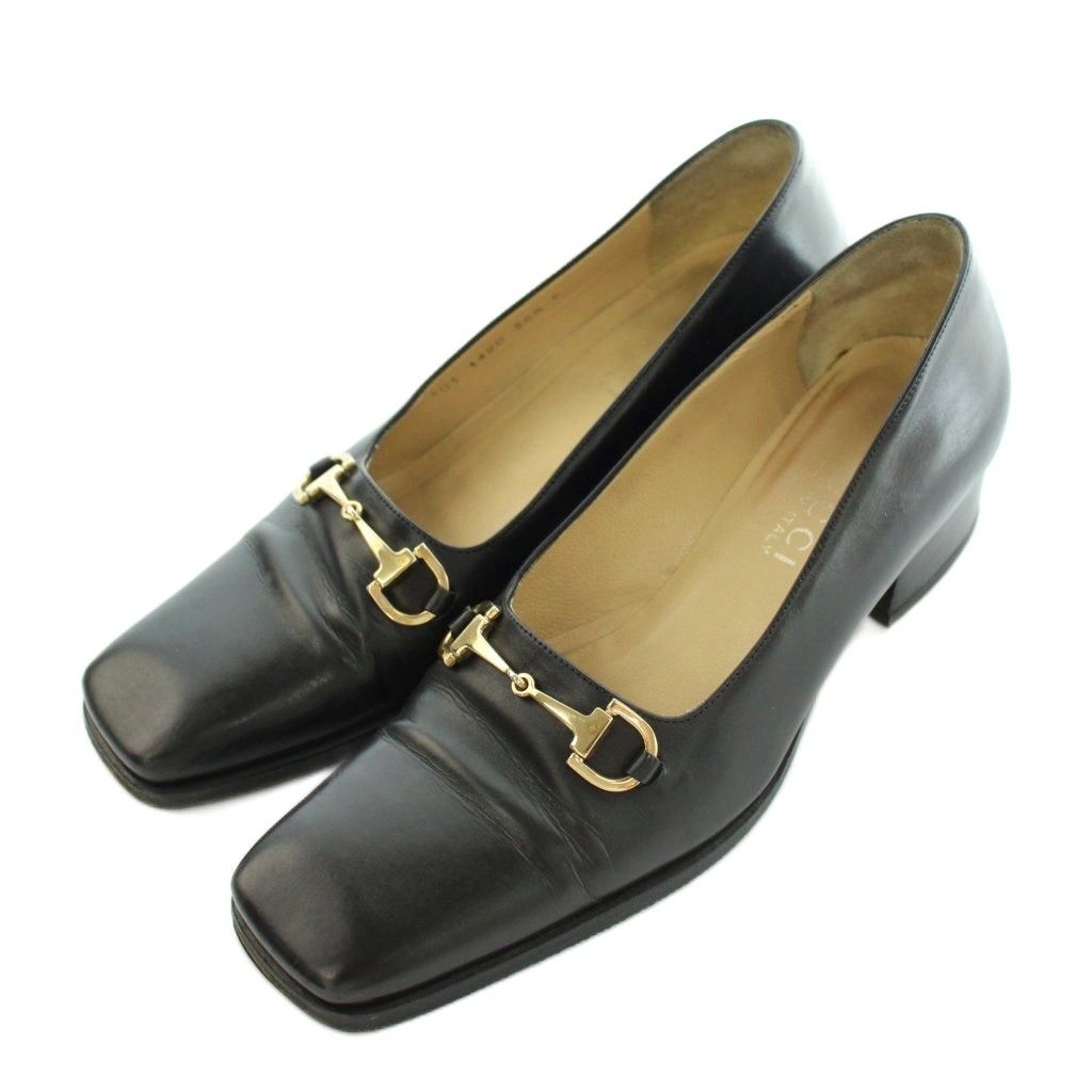 Gucci Pumps Square Toe Chunky Heel Bit Leather Black 441 36.5
