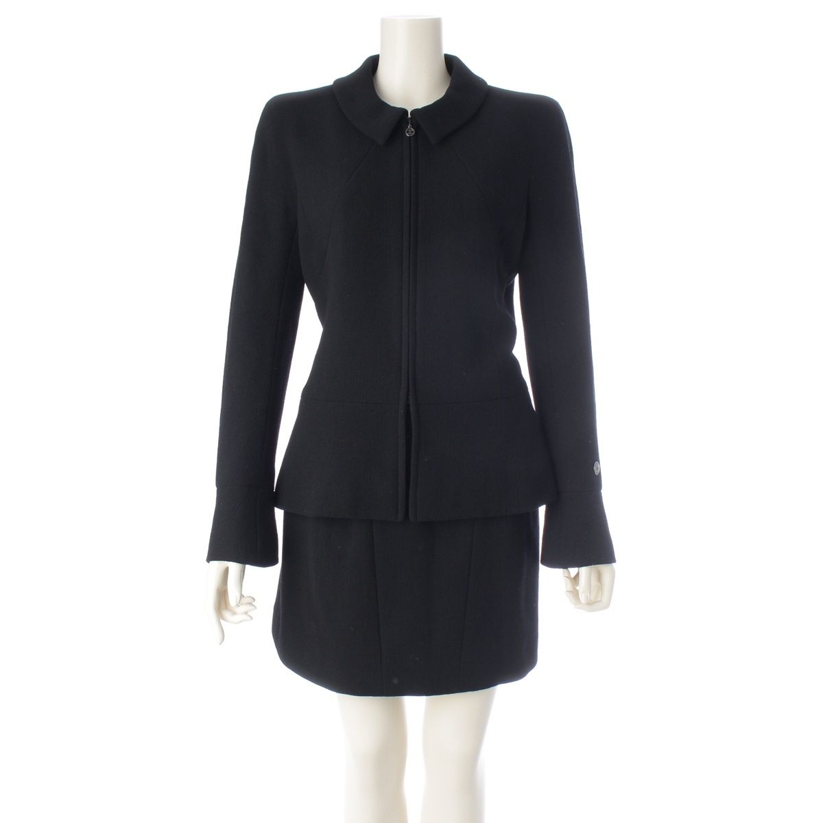 Chanel 97A Tweed Zip Up Jacket Skirt Set Black 38