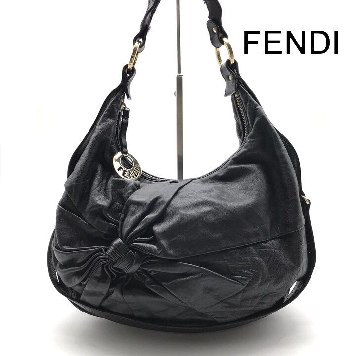 Fendi Leather Shoulder Bag Ribbon Motif Black