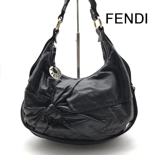 Fendi Leather Shoulder Bag Ribbon Motif Black