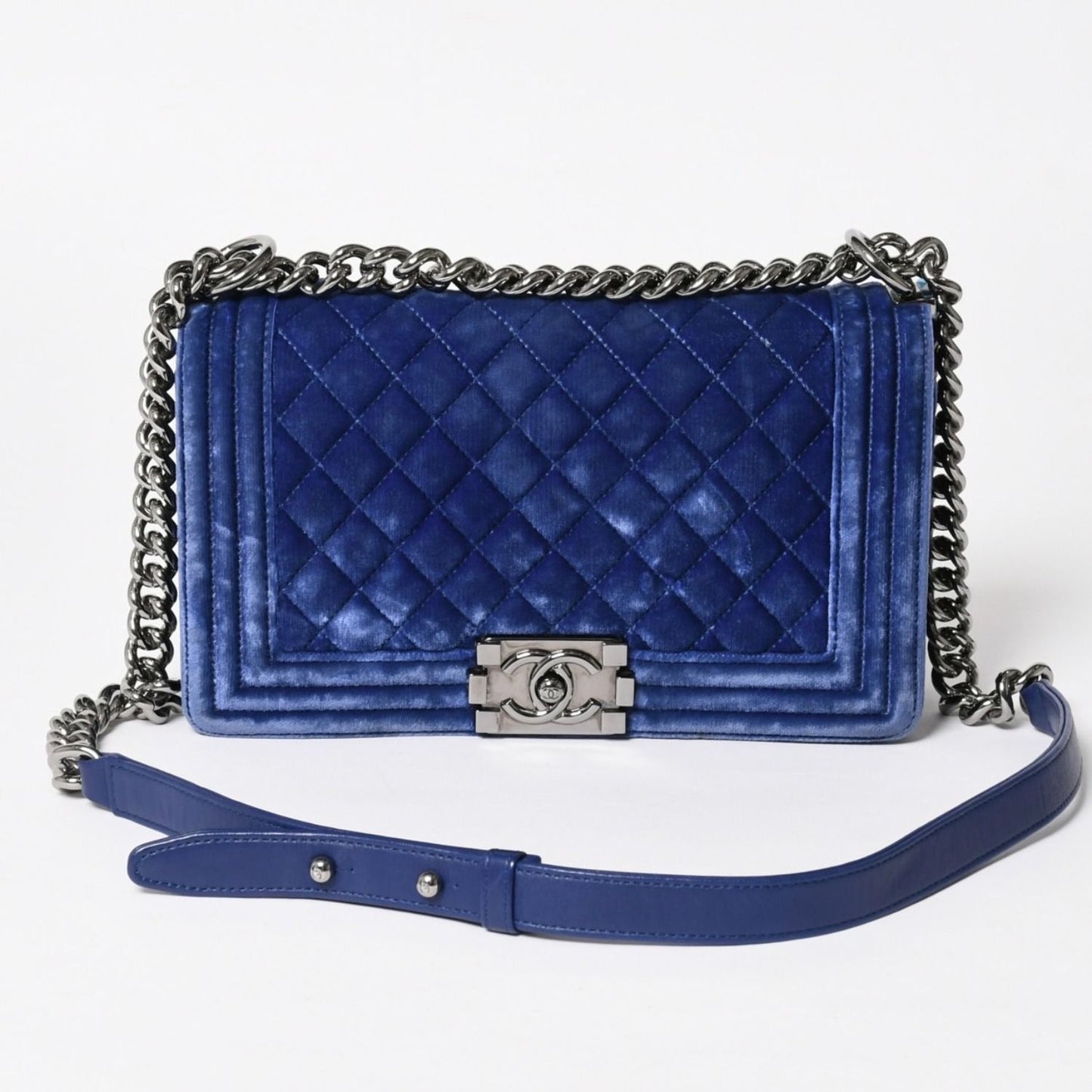 Chanel Boy Chain Shoulder Bag CC Logo Velvet Leather Blue
