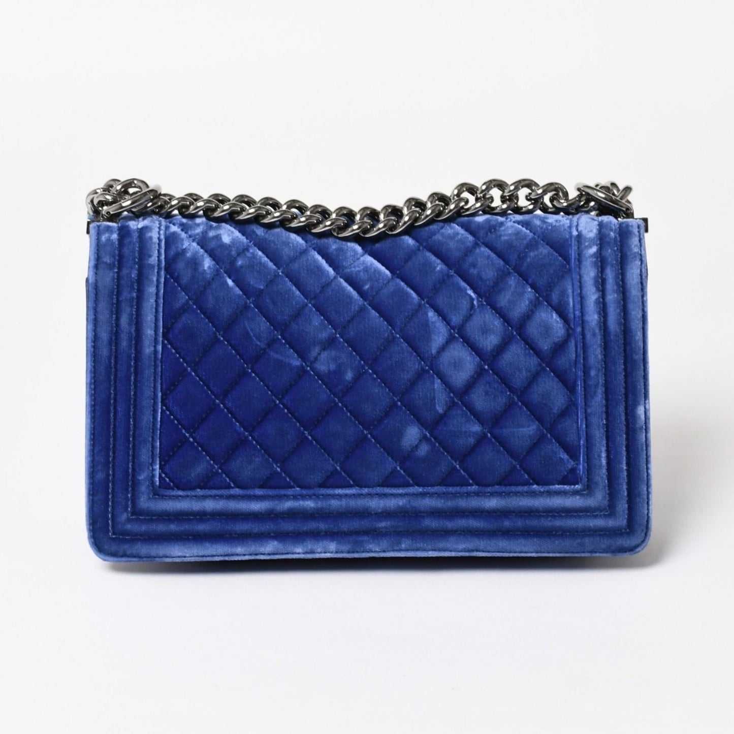 Chanel Boy Chain Shoulder Bag CC Logo Velvet Leather Blue — view 2