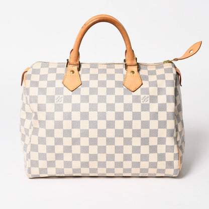 Louis Vuitton Damier Azur Speedy 30 Handbag White Gold Logo