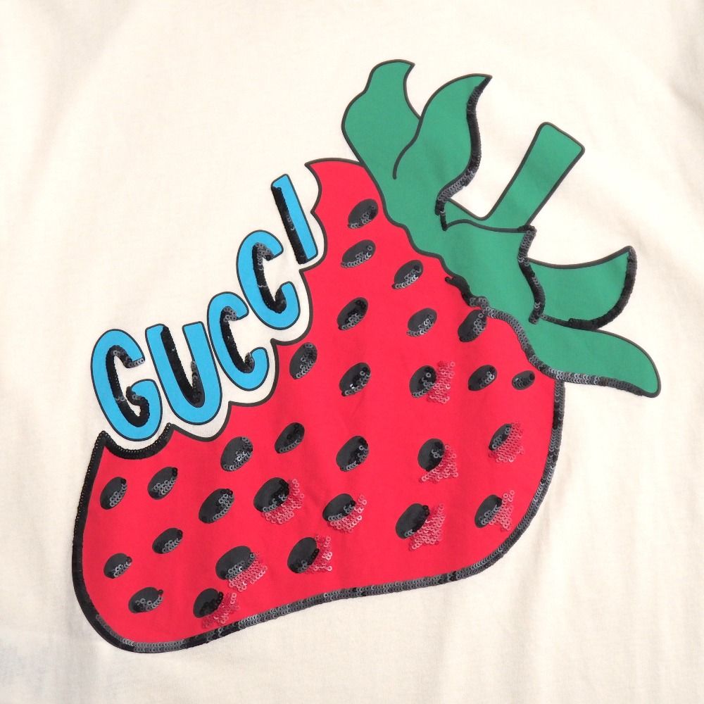 Gucci Short Sleeve T-Shirt XS Sequin Decoration Strawberry Cotton Crew — view 4