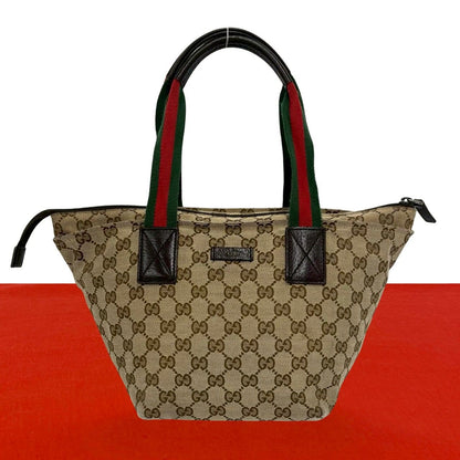 Gucci Sherry Line GG Logo Pattern Canvas Leather Handbag Mini Tote Brown