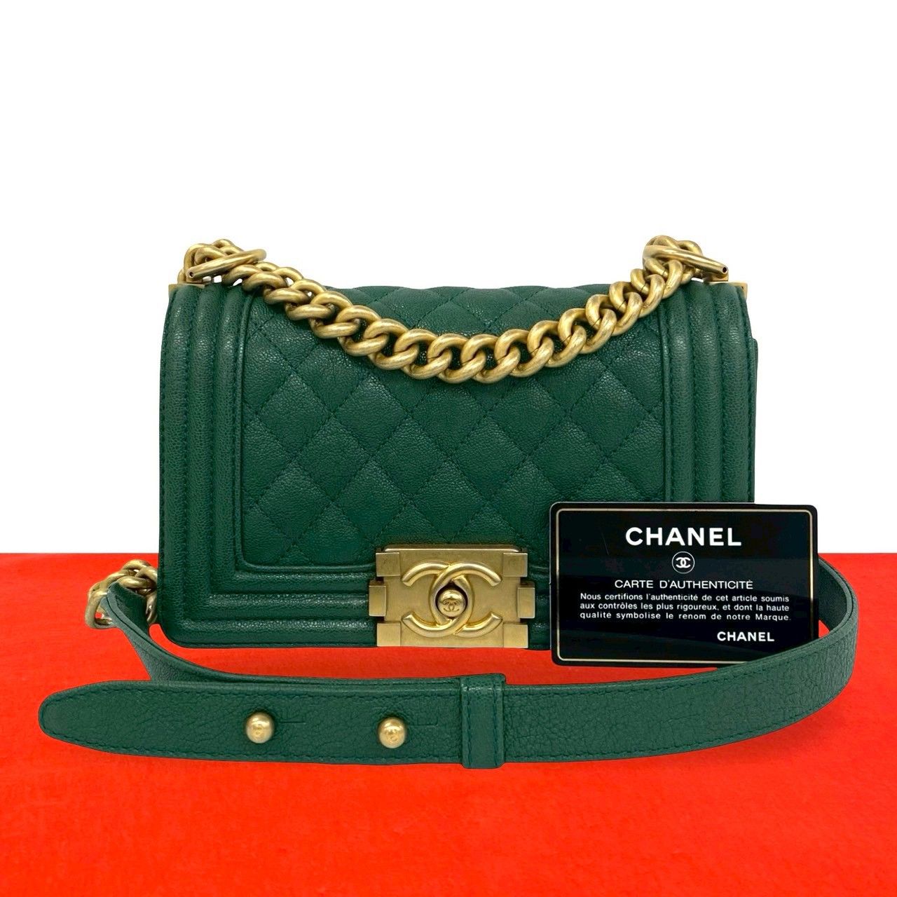 Chanel Card Present Boy CC Logo Caviar Leather Shoulder Bag Green