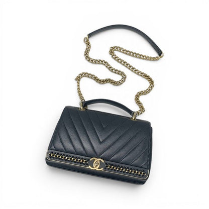 Chanel Shoulder Bag Navy Gold Blanc CC Logo Stitch Chain Turnlock 2-Way — view 5