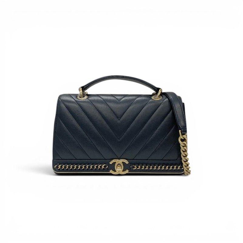 Chanel Shoulder Bag Navy Gold Blanc CC Logo Stitch Chain Turnlock 2-Way