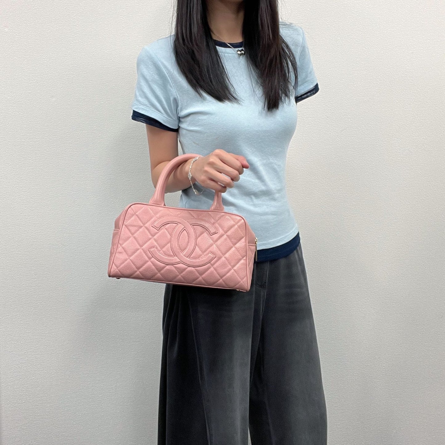 Chanel CC Logo Quilted Mini Boston Bag Caviar Leather Pink Gold Vintage