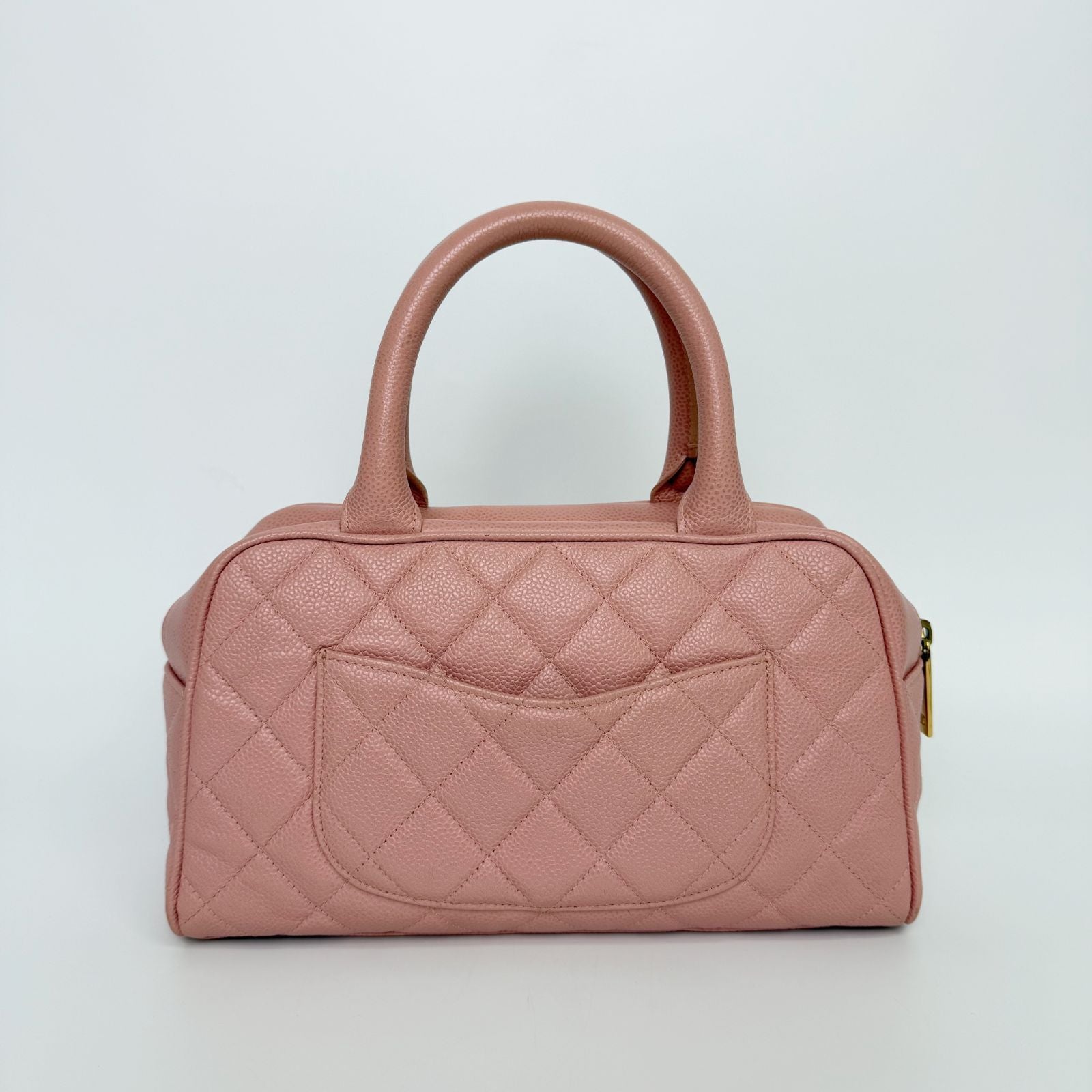 Chanel CC Logo Quilted Mini Boston Bag Caviar Leather Pink Gold Vintage — view 3
