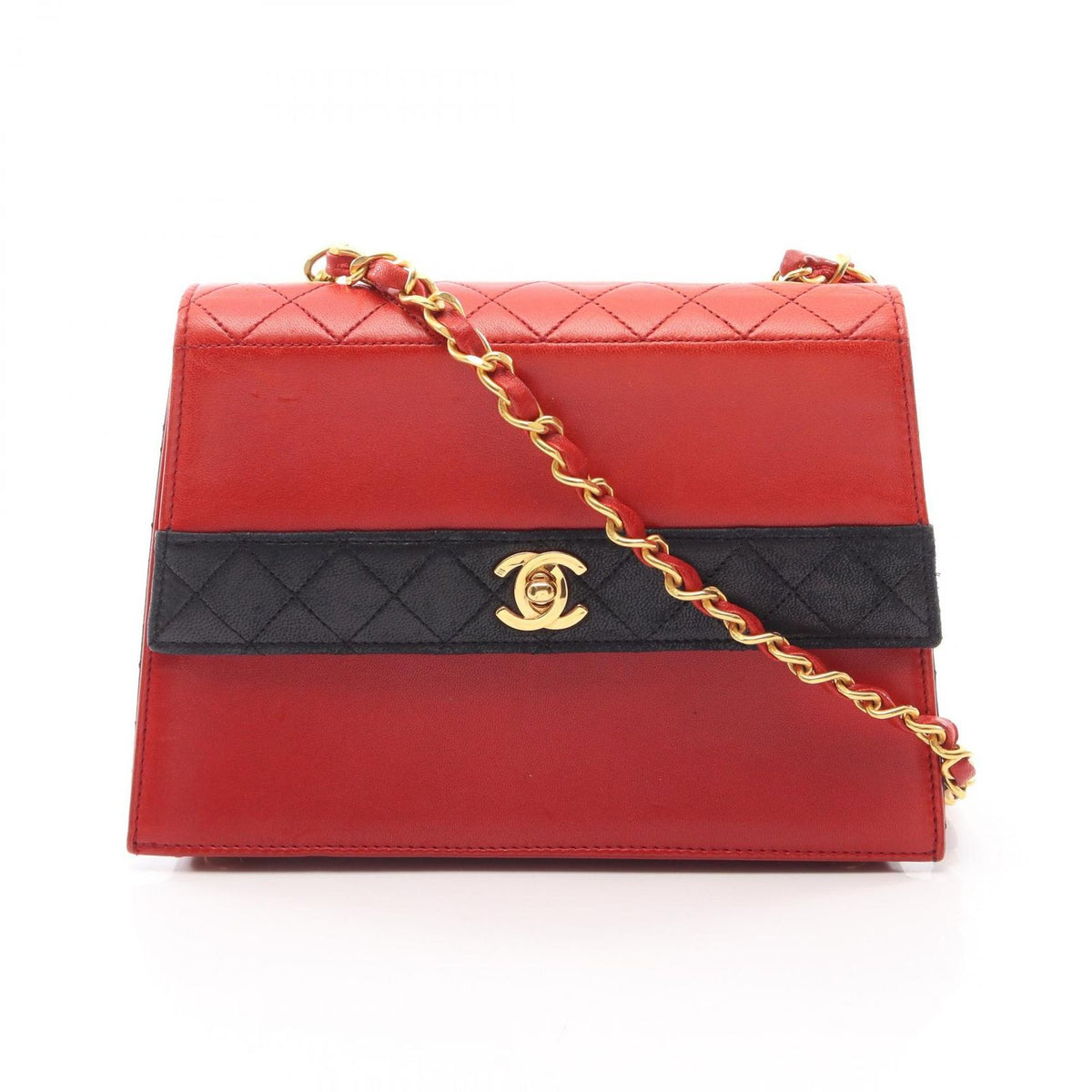 Chanel Shoulder Bag Quilted Red Navy Lambskin Bicolor Chain