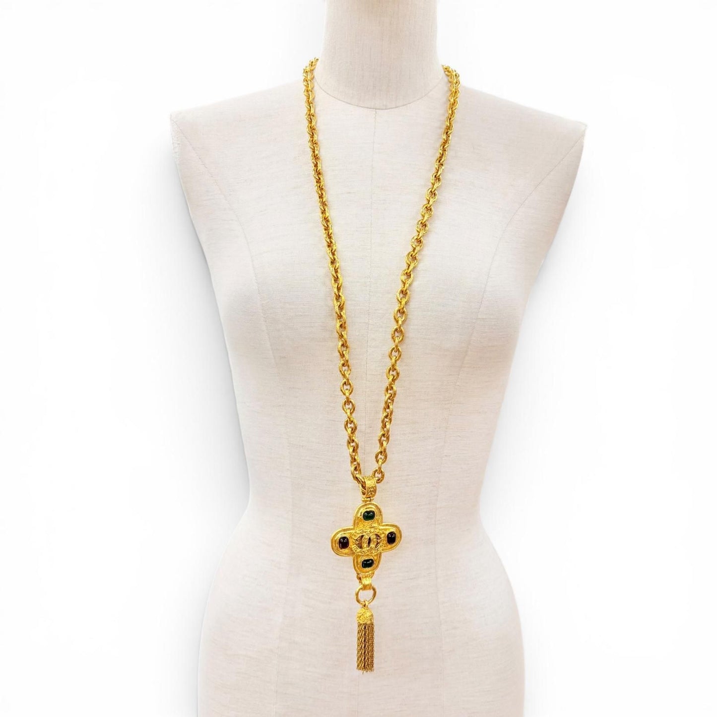 Chanel Vintage CC Logo Gripoix Cross Fringe Long Necklace Gold French — view 2