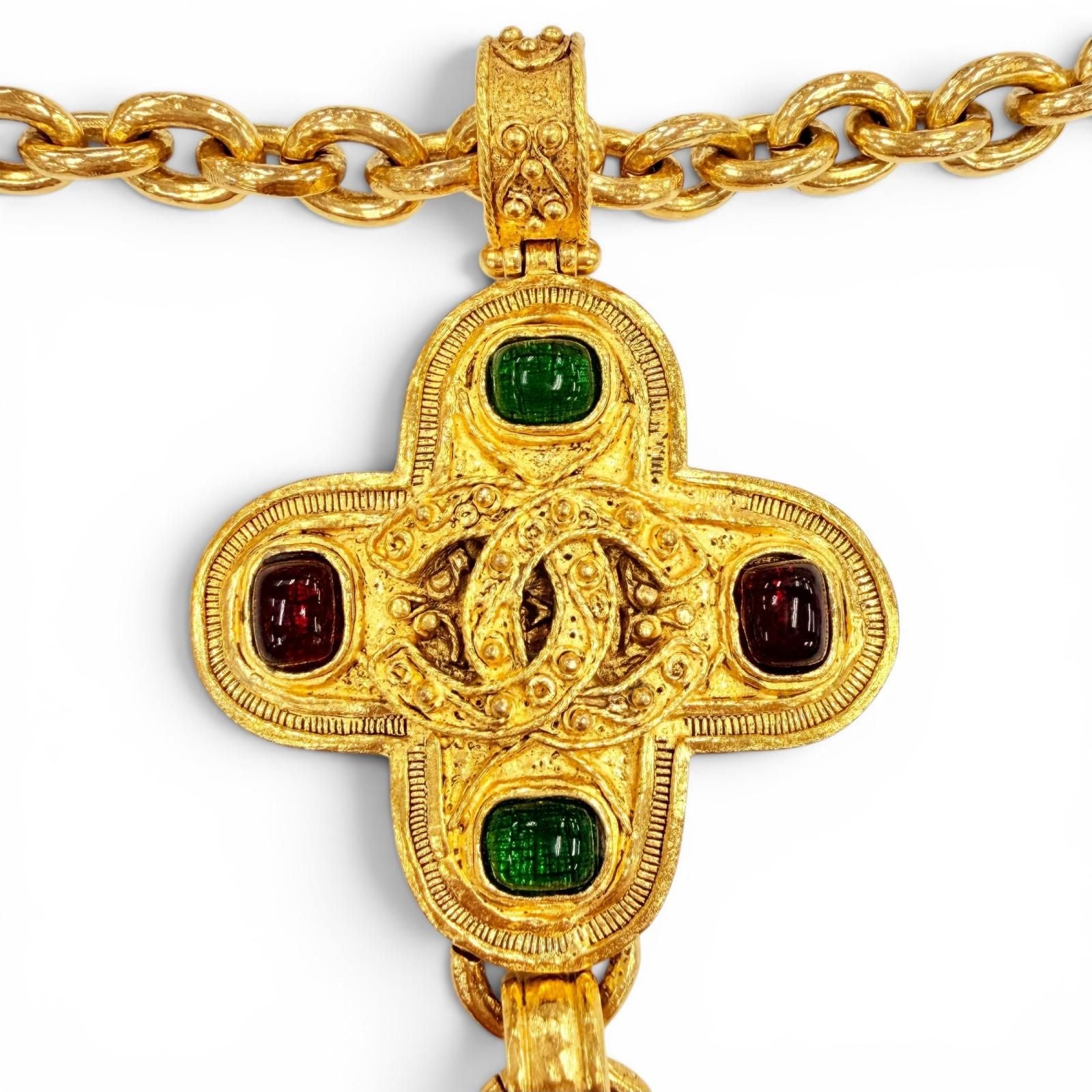 Chanel Vintage CC Logo Gripoix Cross Fringe Long Necklace Gold French — view 7