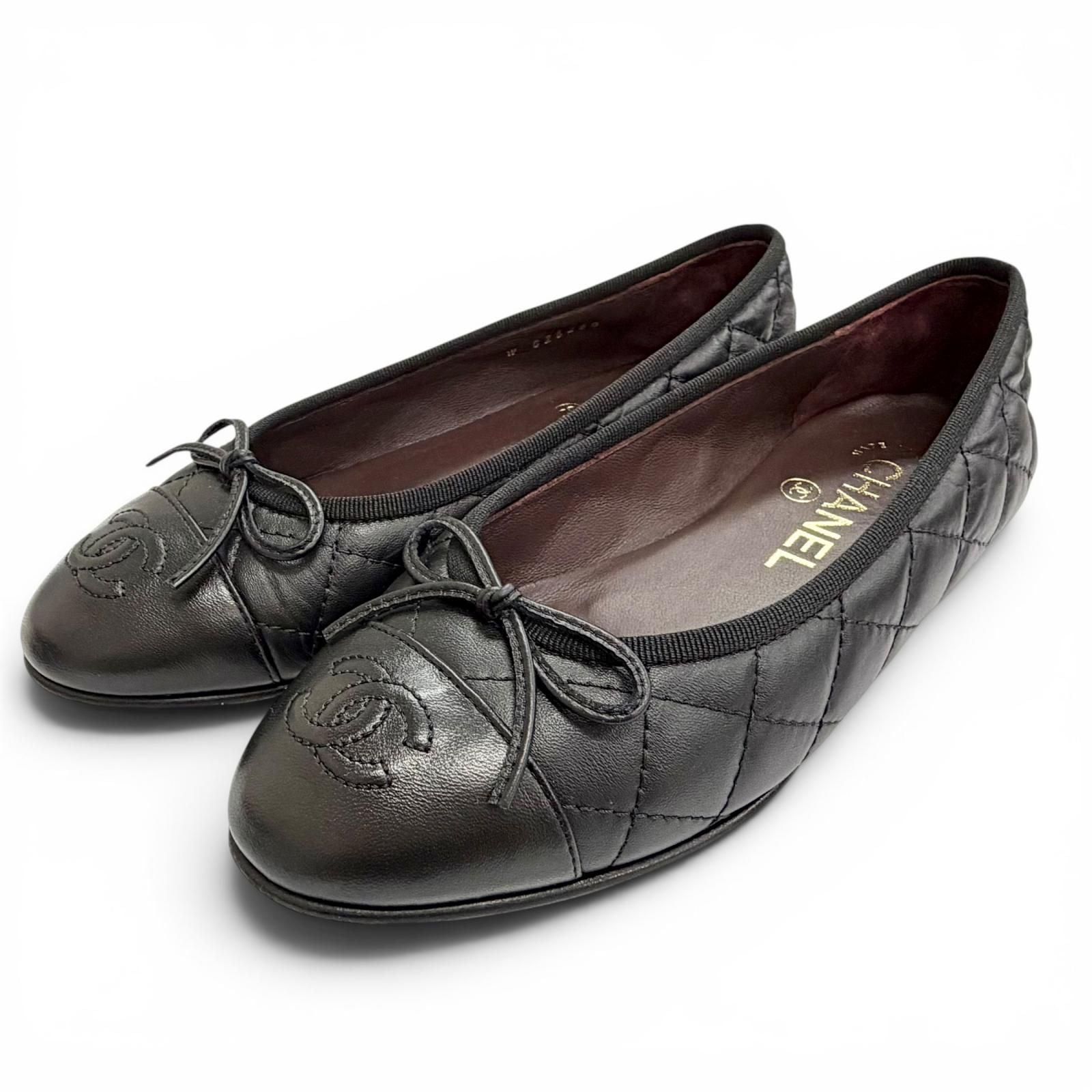 Chanel CC Logo Ribbon Quilted Leather Flat Pumps Black Italian 35