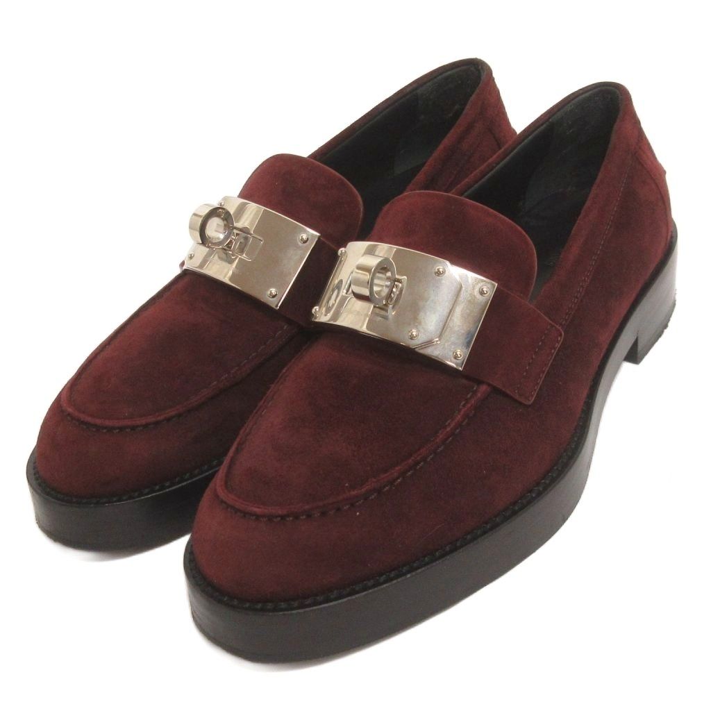 Hermes Hot Oversize Kelly Buckle Loafers Slip on Suede Red 36