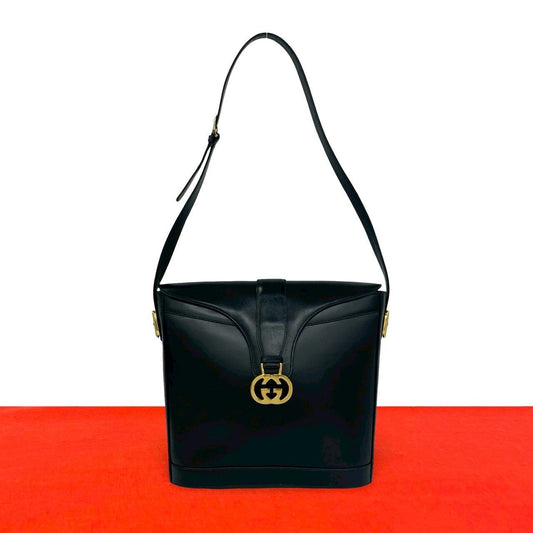 Gucci Vintage Sherry Line GG Logo Leather Shoulder Bag Black