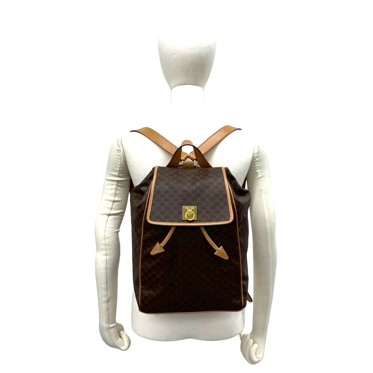 Celine Vintage Ring Macadam Pattern Leather Backpack Brown — view 2