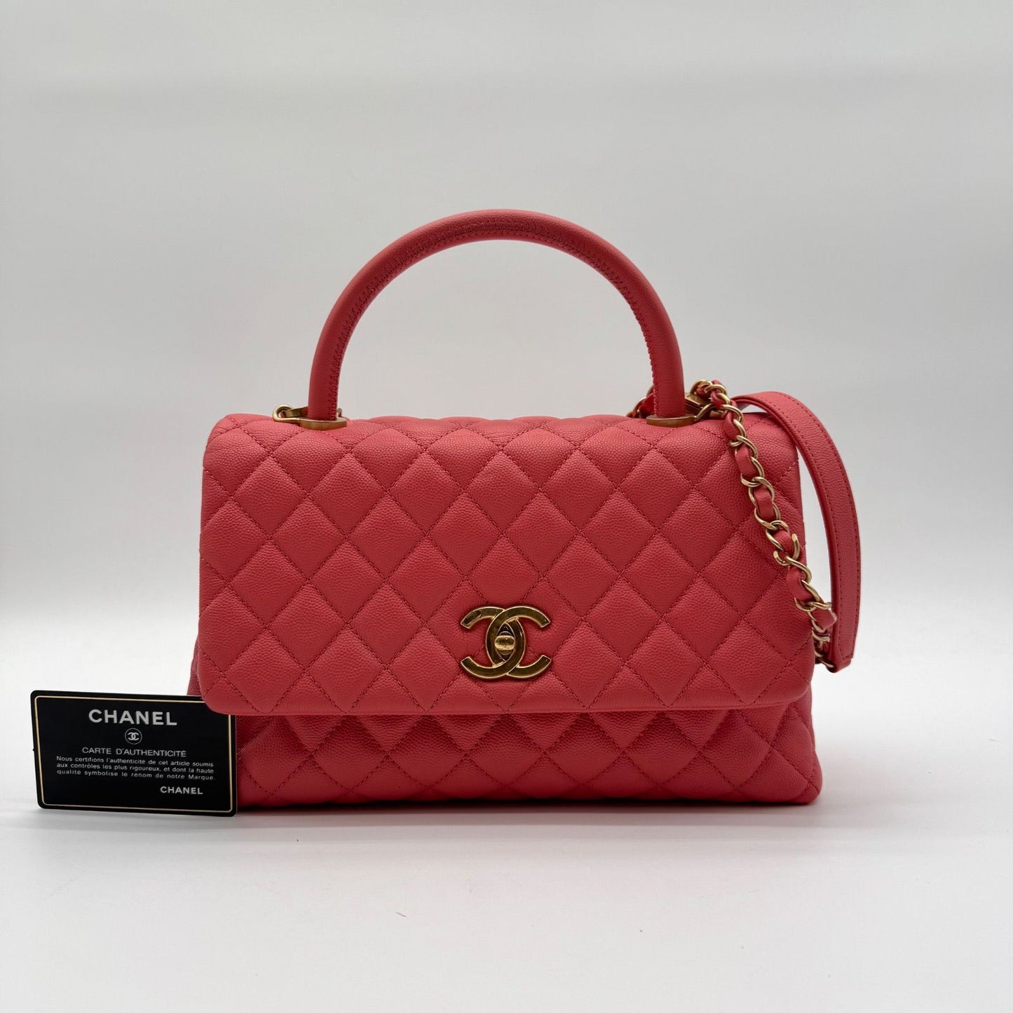 Chanel Shoulder Bag Coco Handle Quilted Turnlock Leather Pink CC Logo Gold
