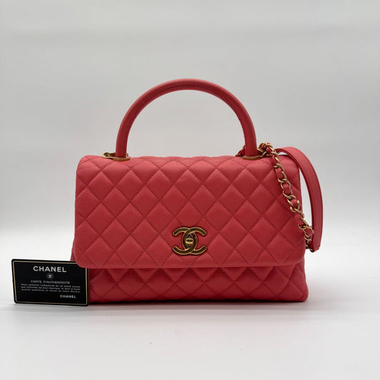 Chanel Shoulder Bag Coco Handle Quilted Turnlock Leather Pink CC Logo Gold