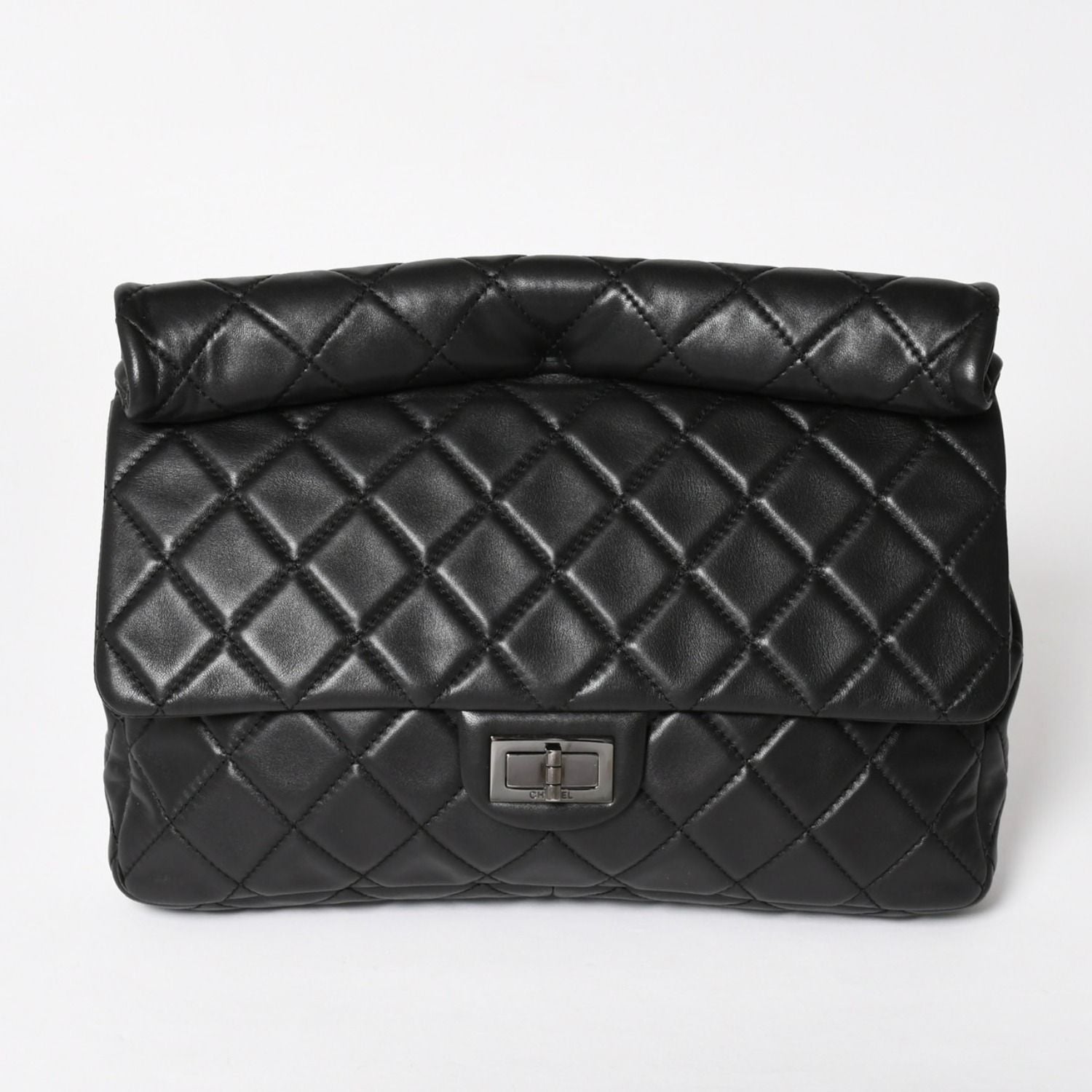 Chanel 2.55 Roll Clutch CC Logo Lambskin Black Ruthenium