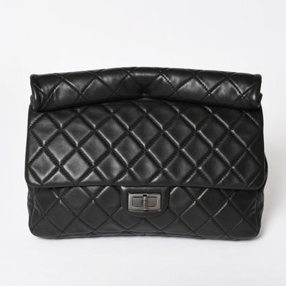 Chanel 2.55 Roll Clutch CC Logo Lambskin Black Ruthenium