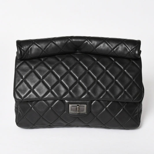 Chanel 2.55 Roll Clutch CC Logo Lambskin Black Ruthenium
