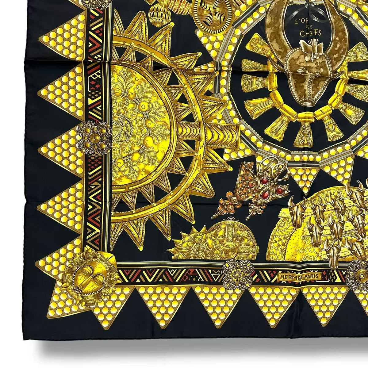 Hermes Scarf Silk L'or Des Chefs Chieftain's Gold Black — view 5
