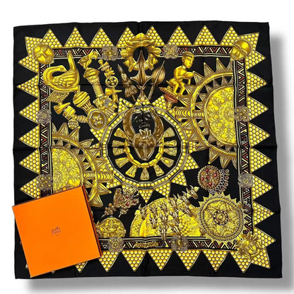 Hermes Scarf Silk L'or Des Chefs Chieftain's Gold Black