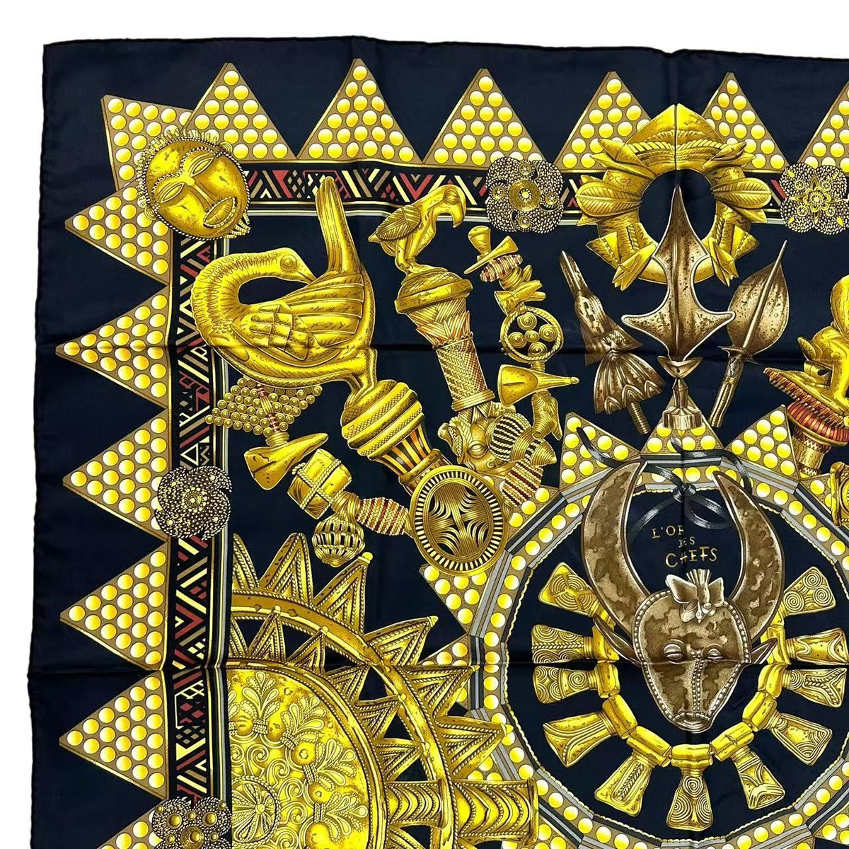 Hermes Scarf Silk L'or Des Chefs Chieftain's Gold Black — view 3