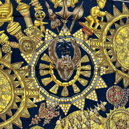 Hermes Scarf Silk L'or Des Chefs Chieftain's Gold Black — view 7