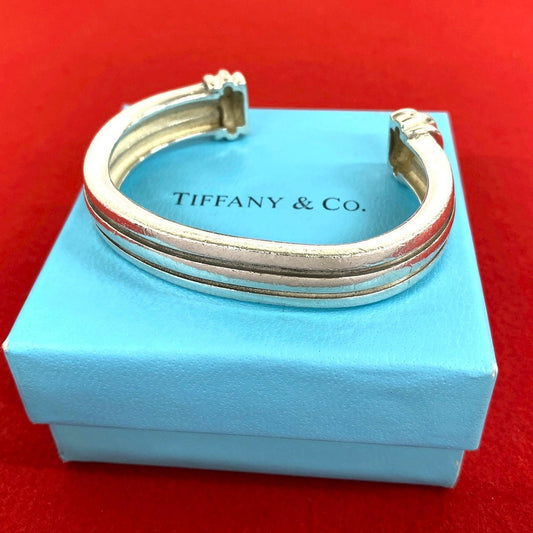 Tiffany & Co Vintage Grooved Bangle Double Line 925 Sterling Silver Calfskin