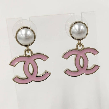 Chanel Swing Earrings CC Mark Faux Pearl Plated Gold Pink