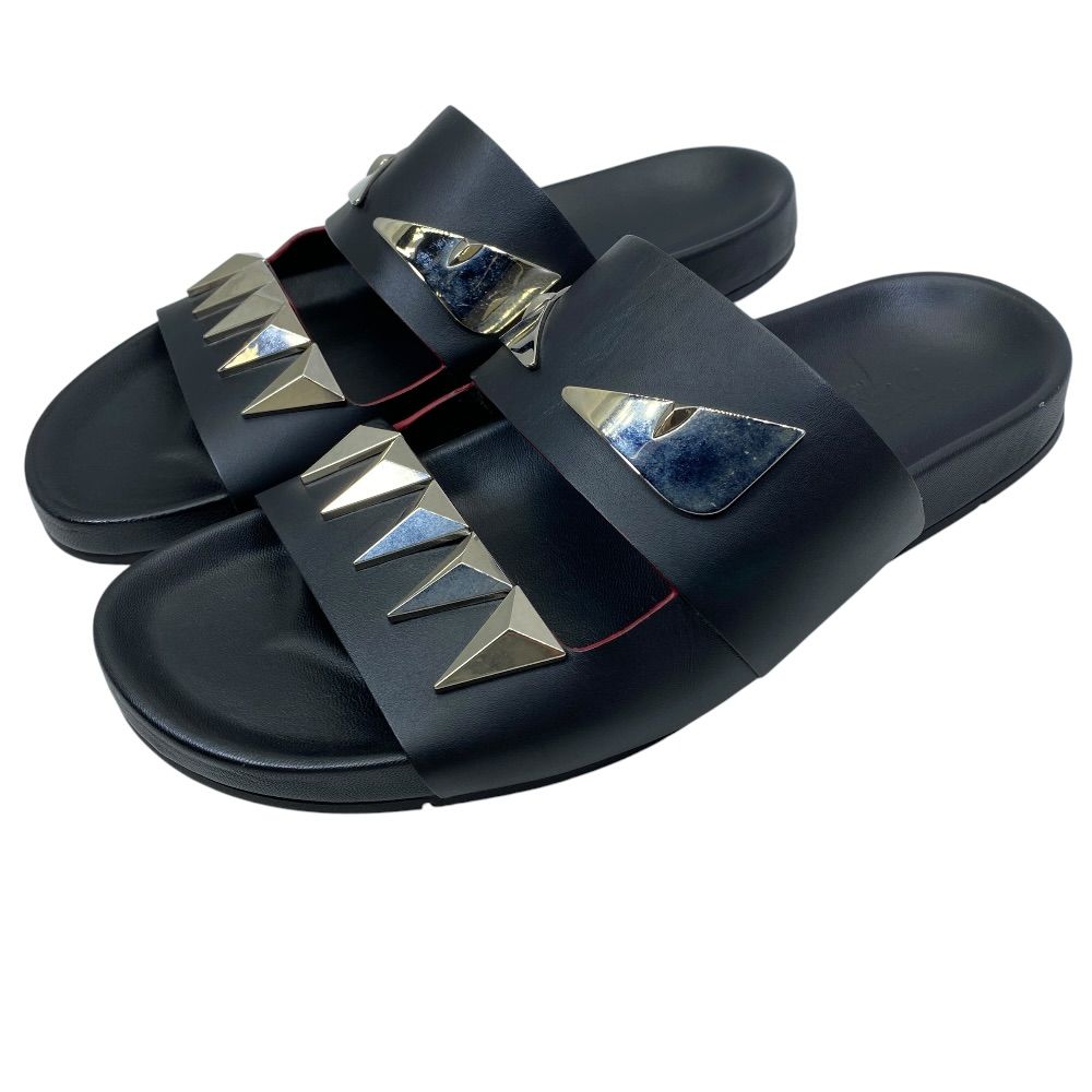 Fendi Monster Slide Sandals Metal Studs Leather Black Silver High Quality Daily