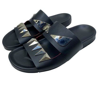 Fendi Monster Slide Sandals Metal Studs Leather Black Silver High Quality Daily