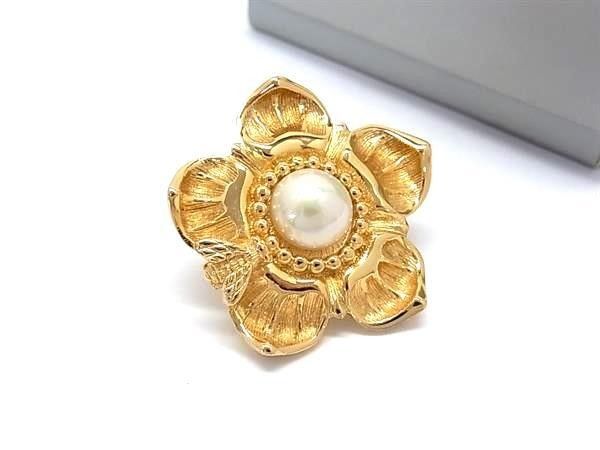 Dior Brooch Pin Gold Metal Faux Pearl Vintage Flower