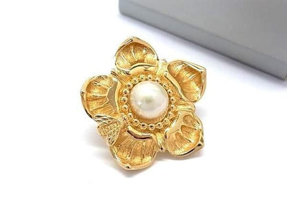 Dior Brooch Pin Gold Metal Faux Pearl Vintage Flower