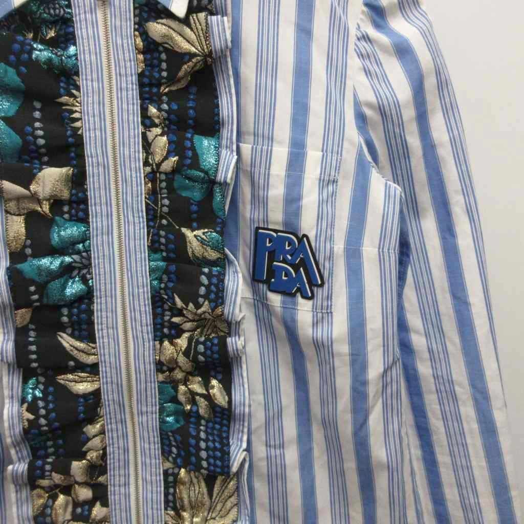 Prada Zip Shirt Long Sleeve Striped Ruffle Logo Print 36 Light Blue White — view 5