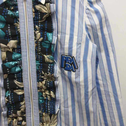 Prada Zip Shirt Long Sleeve Striped Ruffle Logo Print 36 Light Blue White — view 5