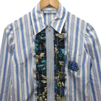 Prada Zip Shirt Long Sleeve Striped Ruffle Logo Print 36 Light Blue White — view 3