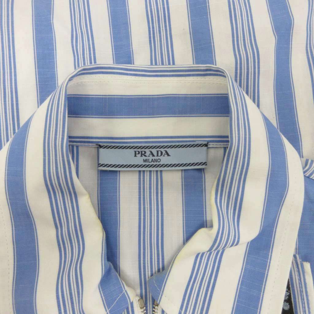Prada Zip Shirt Long Sleeve Striped Ruffle Logo Print 36 Light Blue White — view 6