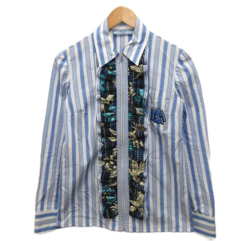 Prada Zip Shirt Long Sleeve Striped Ruffle Logo Print 36 Light Blue White