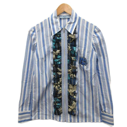 Prada Zip Shirt Long Sleeve Striped Ruffle Logo Print 36 Light Blue White