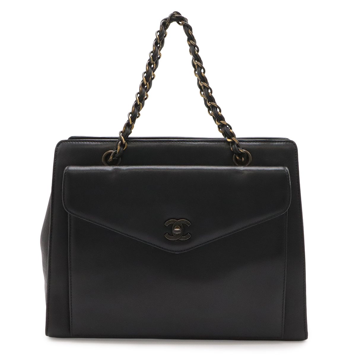 Chanel Chain Handle Tote Bag Leather Black Gold Vintage