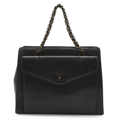 Chanel Chain Handle Tote Bag Leather Black Gold Vintage