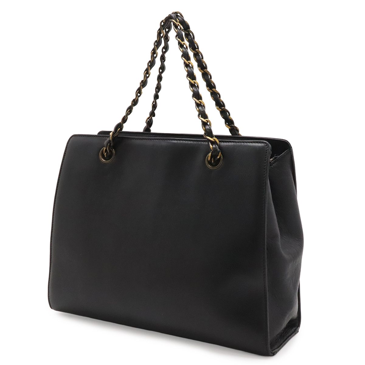 Chanel Chain Handle Tote Bag Leather Black Gold Vintage — view 2