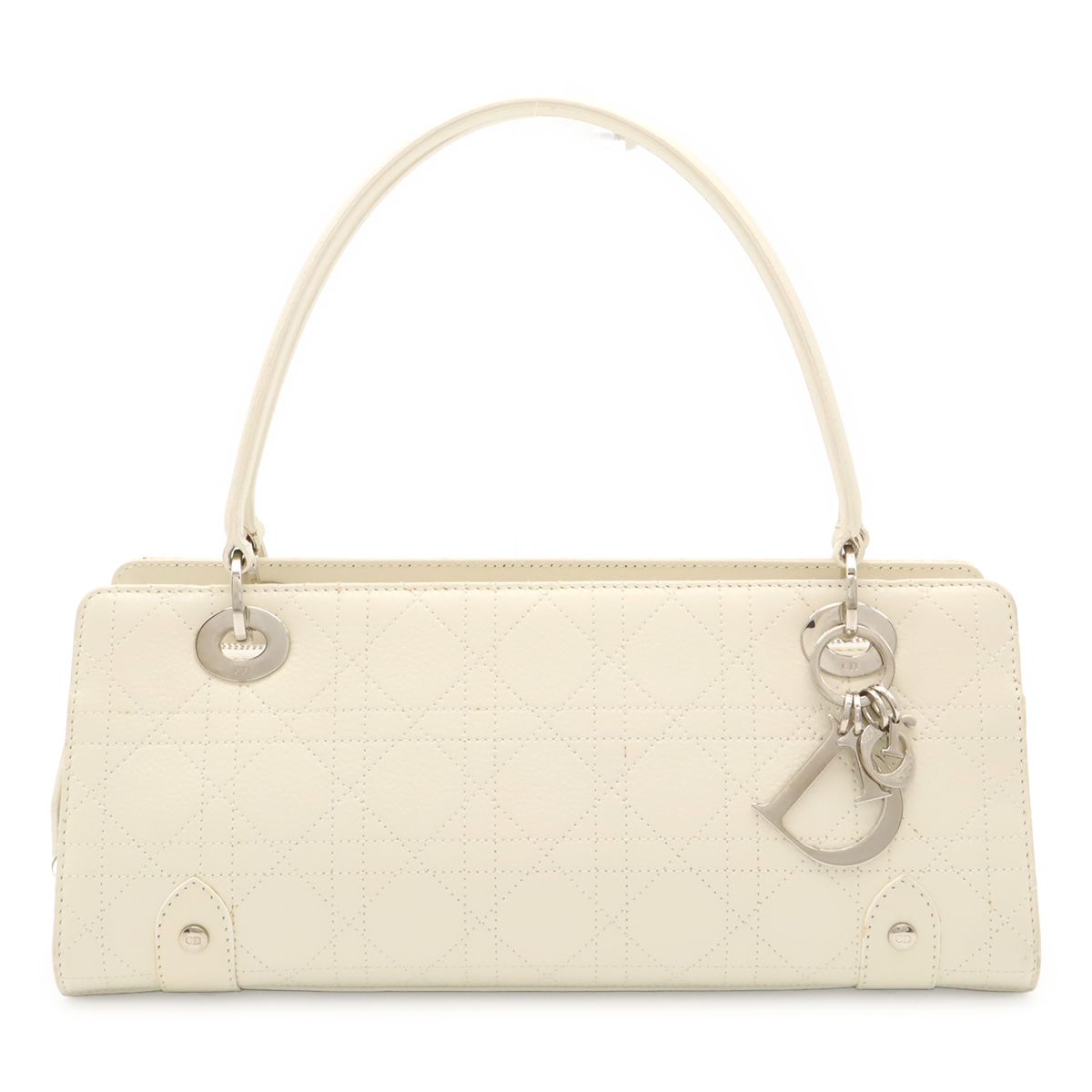 Dior Cannage Handbag Shoulder Long Leather Ivory White Silver