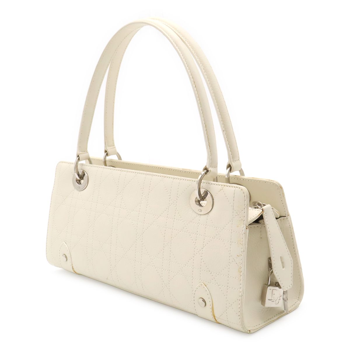 Dior Cannage Handbag Shoulder Long Leather Ivory White Silver — view 2