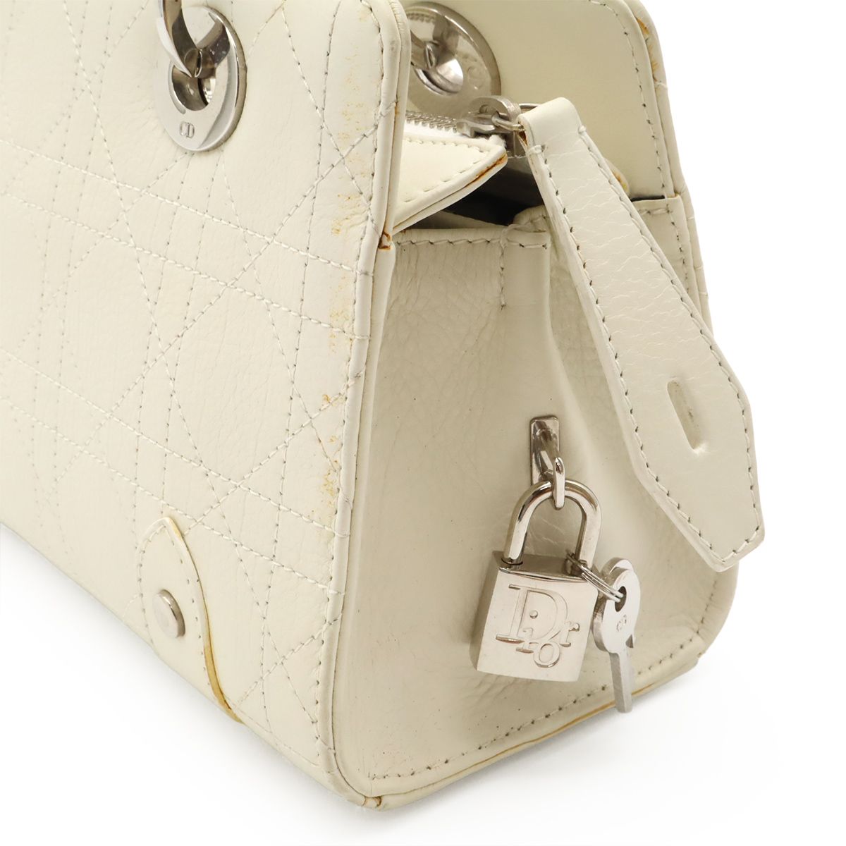 Dior Cannage Handbag Shoulder Long Leather Ivory White Silver — view 7