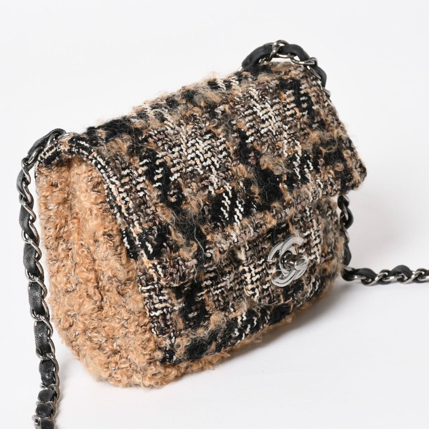 Chanel Mini Square Flap Shoulder Bag Tweed Leather Beige Silver — view 3