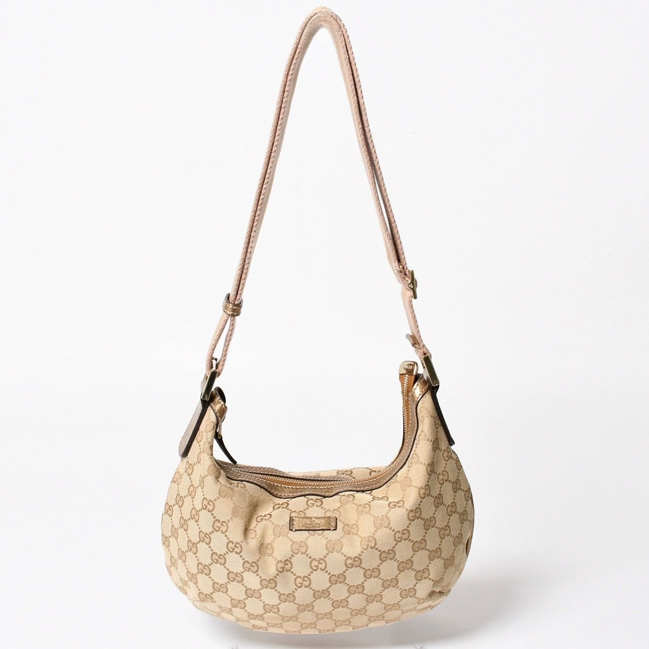 Gucci GG Crystal Shoulder Bag Canvas Hobo Beige Gold
